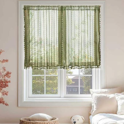Sutuo Home Olive Green Boho Lace Curtains 2 Panels 45 Inch Long, Semi Sheer by SutuoHome