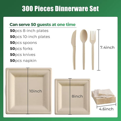 300Pcs Disposable Paper Plates Set, Compostable Plate Sugarcane Utensils Eco Friendly Dinnerware Kit Includes 50 Biodegradable Plates, Forks, Knives Napkins and Spoons for Brithday Party Camping