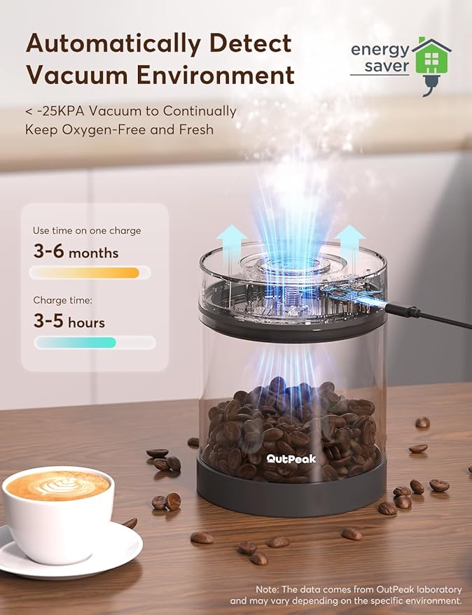 OUTPEAK Neo 2025 Automatic Vacuum Coffee Canister, 1.35L for 17.6oz Coffee Beans, One-Button Operation,Large Airtight Coffee Canister with Scoop,Coffee Storage Container Clear Glass(Champion's Choice)
