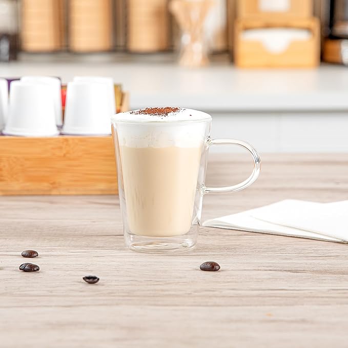 Restaurantware-Forma Professional 5.1 oz Double Wall Glass Mugs, 12 Insulated Coffee Mugs With Handle - Dishwashable, Reusable, Clear Glass Beverage Cups, Freezable, For Hot Or Cold Beverages