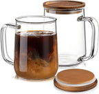 Glass Coffee Mugs, 16 oz Glass Coffee Cups with Acacia Wood Lids, Clear Borosilicate Glass Mugs with Handles for Cappuccino, Tea, Latte, Hot/Cold Beverages, Wine, Americano, Set of 2