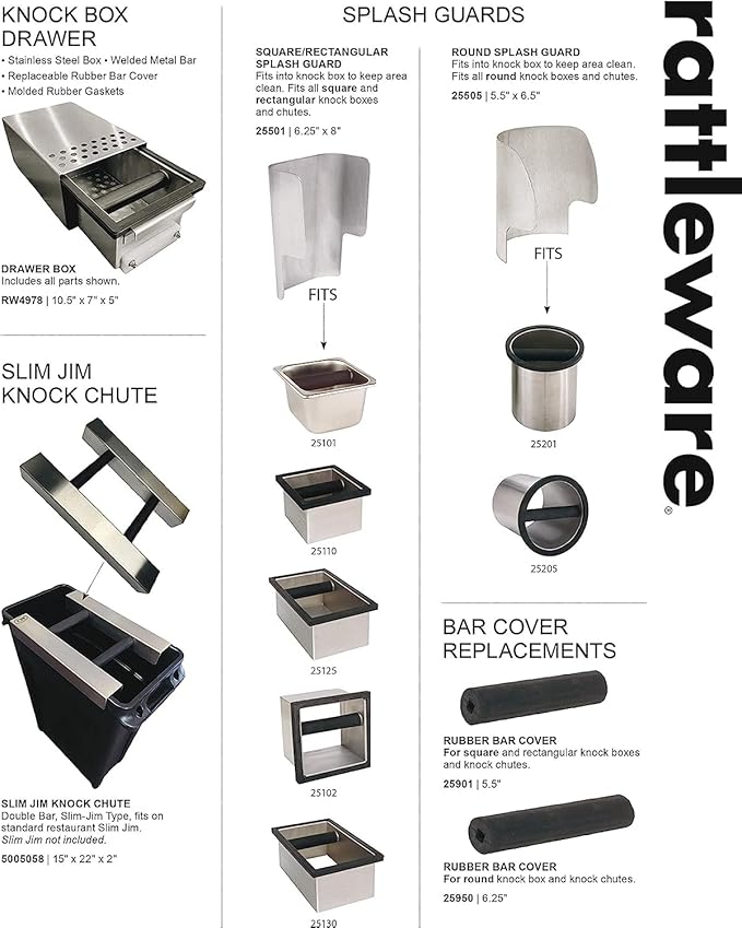 Rattleware Stainless Steel Open Bottom Knock Box Chute - For Home, Cafe, Restaurant, Hotel, Office, or Commercial Establishment - Trusted By Baristas Worldwide (6"x5.5"x4")