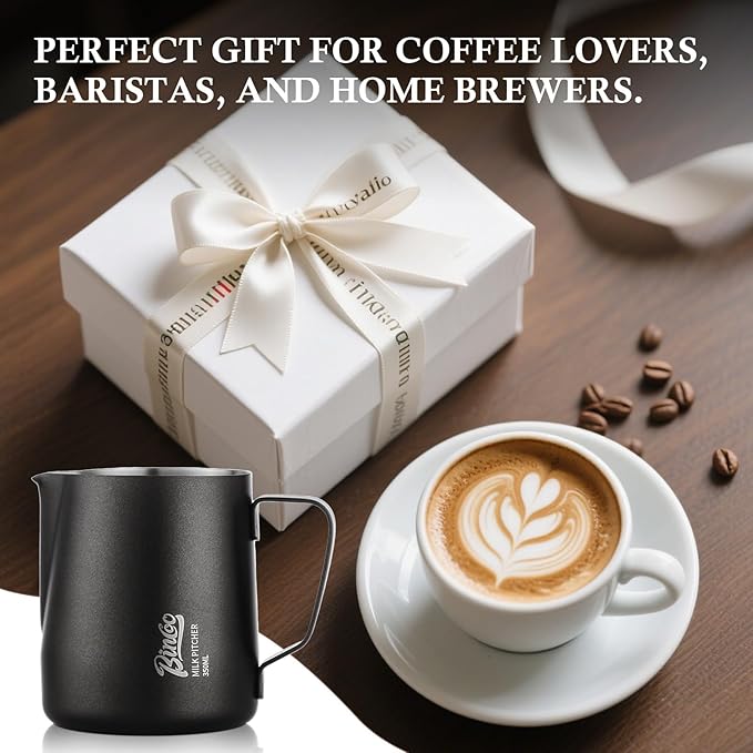 Milk Frothing Pitcher - 350ml/12oz Milk Frother Cup Espresso Steaming Pitcher for Barista, Bincoo SUS304 Stainless Steel Espresso Steaming Pitchers for Latte Art/Cappuccino/Coffee (Dark-Blue-350ml)