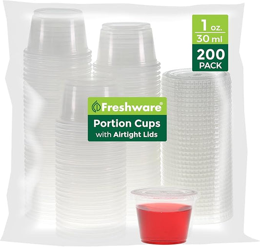 Freshware Plastic Portion Cups with Lids [1 Ounce, 200 Sets] Disposable Plastic Cups for Meal Prep, Salad Dressing, Jellos Shot Cups, Souffle Cups, Condiment and Dipping Sauce Cups