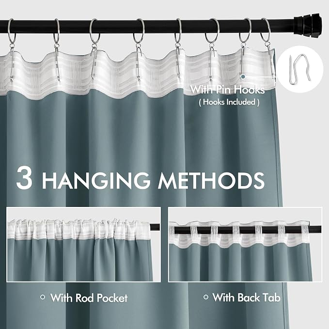 MIULEE Greyish Blue Back Tab Blackout Curtains 52x108 Inch Long 2 Panel Set | - Image 3