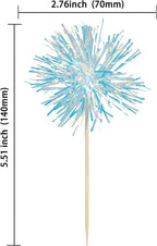 Gyufise 30Pcs Foil Firework Cupcake Toppers Sparkle Tinsel Cake Toppers Tinsel Drink Cake Decoration Cocktail Picks for Birthday Wedding Graduation Party Supplies Laser Blue