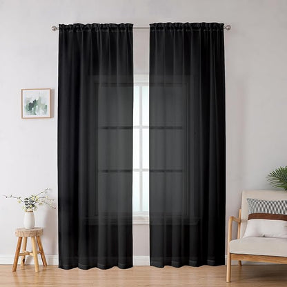Black Sheer Curtains, Sheer Curtains 78 inch Length 2 Panels Set, Rod Pocket - Image 2
