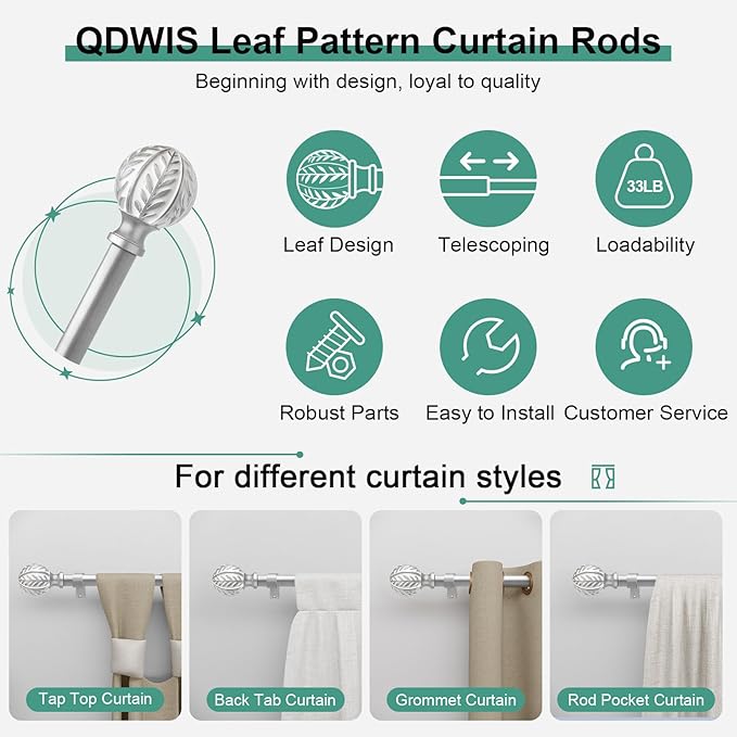 QDWIS Silver Curtain Rods for Windows 48 to 84 inch, Rustic Decorative Drapery - Image 6