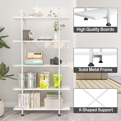 Bookshelf 5 Tiers White Wooden Storage Shelf, Modern Open Display Storage - Image 4