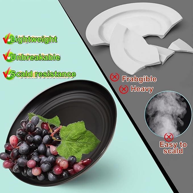 LIYH 48 Pcs Black Wheat Straw Plates and Bowls Dinnerware Set Camping Dish Set for 12, Plastic Plates and Bowls, Dishwasher Safe Dinnerware Sets, Unbreakable Plastic Camper Dishes Sets