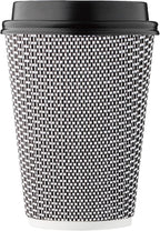 [100 SET]Harvest Pack 12 oz Disposable Coffee Cups, Insulated Ripple Double-Walled Paper Cups with Lids, Black and White Geometric, Drinking Cups for Tea Hot Chocolate Drinks To go coffee cups