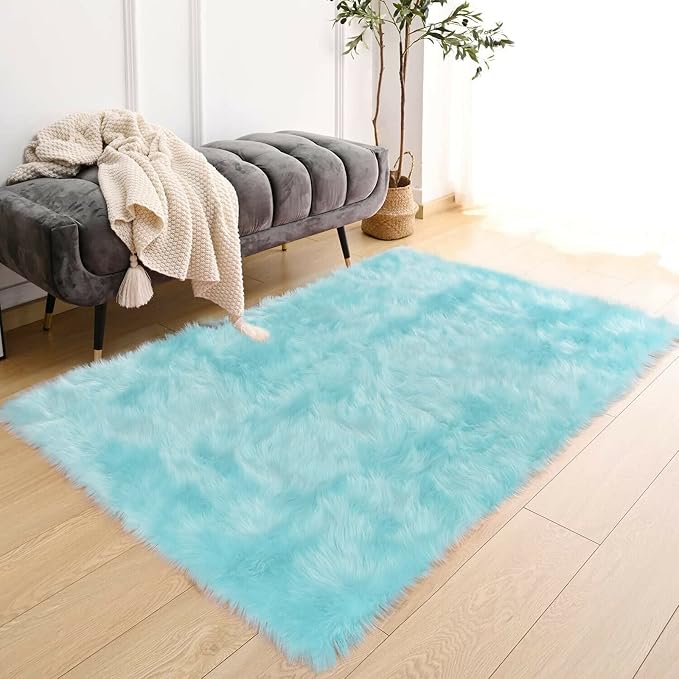 Latepis Light Blue Shaggy Rugs for Bedroom 3x4 Faux Sheepskin Rug Teal Fur Rug - Image 7