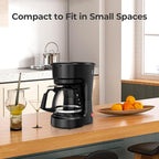 5-Cup Drip Coffee Maker, Compact Coffee Machine with Food-grade Glass Carafe, Always Keep Warm with Manual Switch, Delay Brew, 25oz Water Reservoir, Ideal for Home/Office/Travel/Outdoor - Black