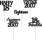 Gyufise 30Pcs Vintage 2007 Cupcake Toppers Glitter Eighteen Happy 18th Cupcake Picks Happy 18th Birthday Cake Decorations for Happy 18th Birthday Fabulous Anniversary Party Supplies Black