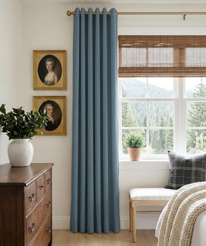 100% Blackout Linen Textured Curtains 72 Inch Long, Stone Blue | 100% Blackout - Image 2