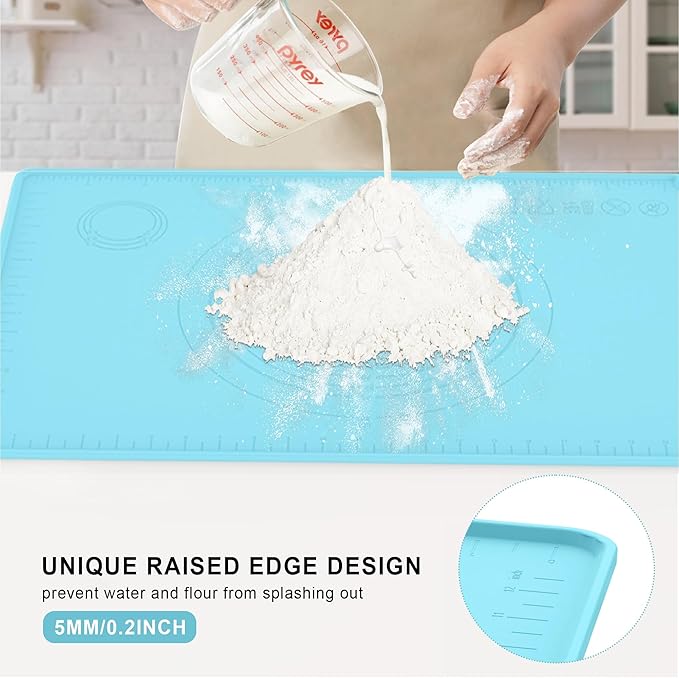 Silicone Baking Mat, Pastry Mat for Rolling Dough, Dough Rolling Pad 24''x16'', Silicone Pastry Mat with Measurements for Pizza, Pie, Macaron, Bread (Sky Blue, XL)
