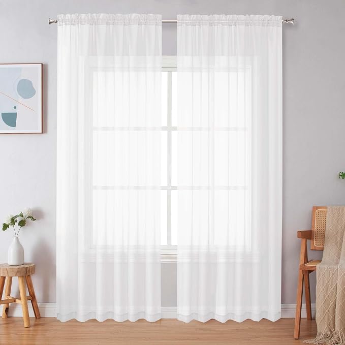 Simplebrand White Sheer Curtains 90 Inches Long, Light Filtering Rod Pocket by Simplebrand