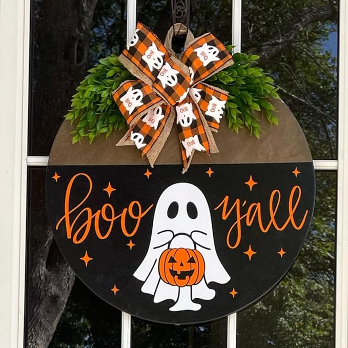 Halloween Stencils for Painting on Wood 12inch Large Reusable Halloween Stencil for Door Hanger Round Skeleton Ghost Boo Templates for Door Mat Fabric