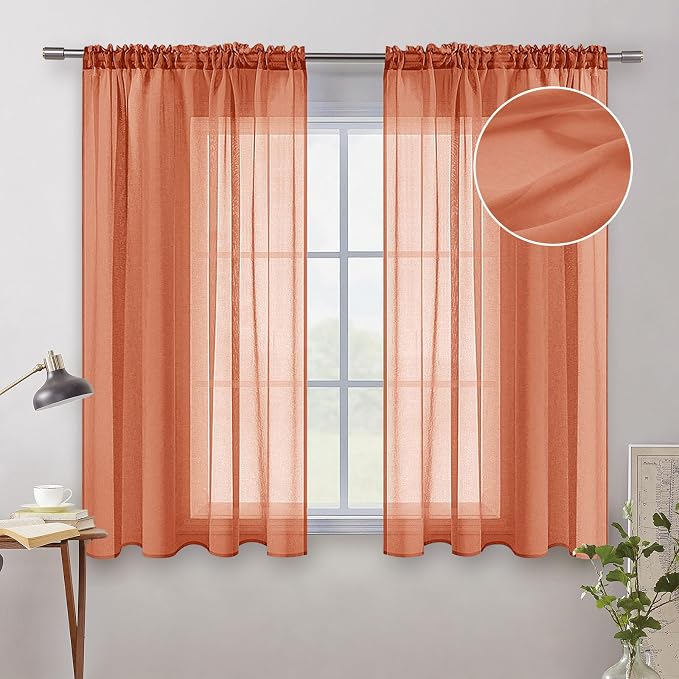 MIULEE Fall Burnt Orange Linen Textured Semi-Sheer Curtains 54W×54L Kitchen | by MIULEE