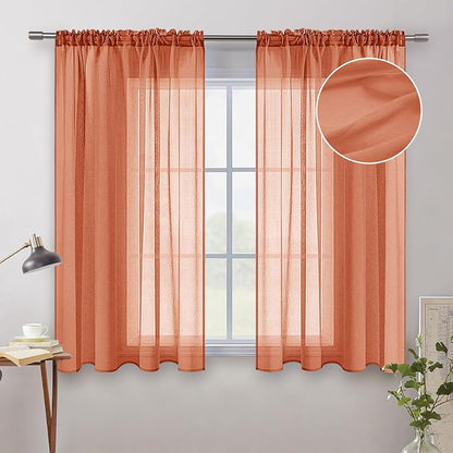 MIULEE Fall Burnt Orange Linen Textured Semi-Sheer Curtains 54W×54L Kitchen | by MIULEE