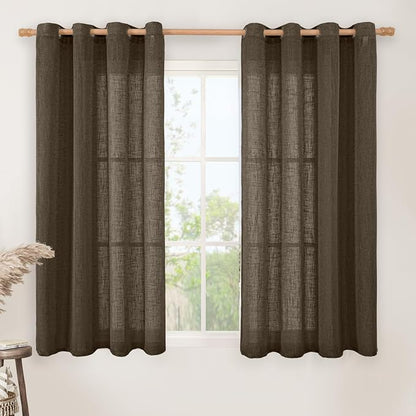 Dark Brown Linen Sheer Curtains 54 Inch Length 2 Panels, Short Linen Textured by LAMIT