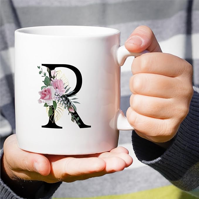 Retreez Initial A-Z Floral Botanical Bouquet Alphabet Monogrammed Monogram Mug 11 Oz Ceramic Tea Coffee Mugs - Appreciation Thank You Wedding Birthday Gifts for her friend coworker sister - R Initial