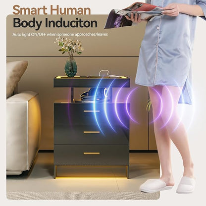 Black Night Stand with Wireless Charging Station, Smart Bedside Table with 3 - Image 4