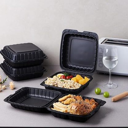 FULING 9X9 3-Compartment 50-Pack Plastic Clamshell Takeout Food Trays Heavy Duty Togo Disposable Box For Pasta Salad Sandwich Carryout Hinged Containers With Secure Snap Lid