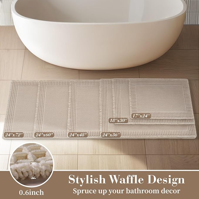 RESARE Waffle Bathroom Runner Rugs, Non Slip Boho Bath Mat 24x48 Pale Beige | - Image 5