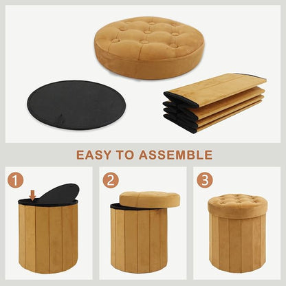 CAROLMADE Round Storage Ottoman, Velvet Folding Footrest Stool - Image 8