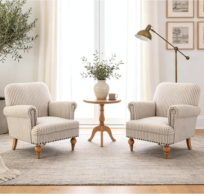 Khaki Striped Linen Fabric Accent Chair, Modern Farmhouse Upholstered Armchair - Image 5