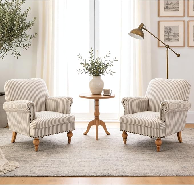 Khaki Striped Linen Fabric Accent Chairs Set of 2, Modern Farmhouse Upholstered - Image 7