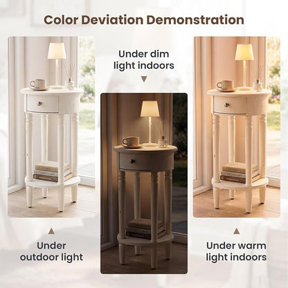 HOMPUS Round End Table with Drawer Set of 2, Rustic Framhouse Nightstand Set 2 - Image 5