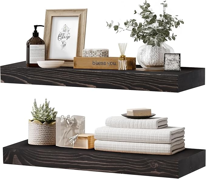 24x8x1.6 inch Floating Shelves Set of 2 – Solid Wood Rustic Black Wall Mounted by YLYHSST