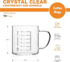LUXU Glass Coffee Tea Cups Set of 2,Clear Coffee Mugs for Hot or Cold Beverages,Large Wide Mouth Drinking Glasses,Perfect for Mocha,Latte,Milk,Cappuccino,Water and Juice -14 oz Measuring Cups