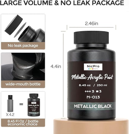 Nicpro Metallic Black Acrylic Paint, 8.45oz/250ml Large Pearlescent Acrylic - Image 4