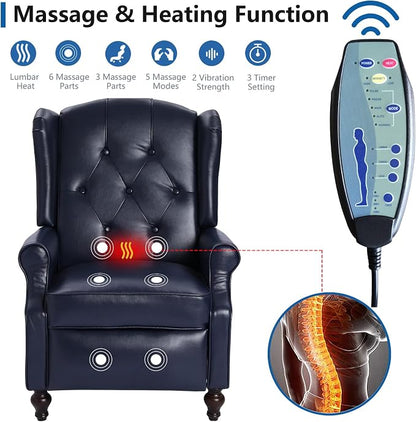 Wingback Recliner Chair with Massage and Heat, Tufted PU Leather Push Back - Image 3