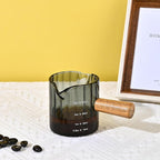 Glass Measuring Cup, 3oz Espresso Shot Glass with Wood Handle, Double Spouts Measuring Cups Pitcher Milk Cup Coffee Shot Glasses (Gray Ribbed)