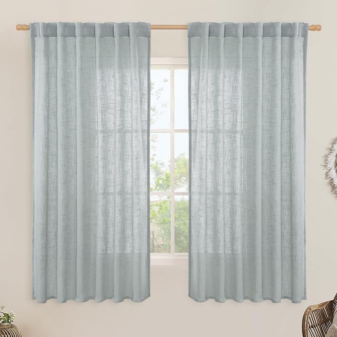 Greyish Blue Semi Sheer Linen Curtains 60 Inch, 2 Panels | Light Filtering by LAMIT