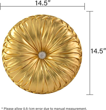 HIG Set of 2 Gold Metallic Leather Decorative Round Pleated Throw Pillows | - Image 5