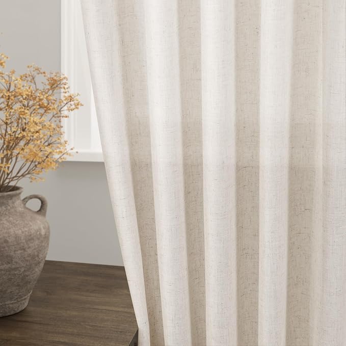 Beige Linen Sheer Curtains 54 Inch Length 2 Panel Set Back Tab Pocket Semi - Image 2