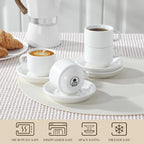 MALACASA 2.5 OZ Porcelain Espresso Cups with Saucers and Metal Stand Set of 4, Stackable Cappuccino Cups, White Expresso Shots Cup Set for Coffee Drinks, Latte, Tea