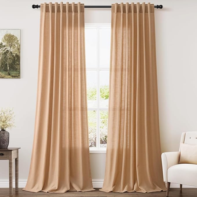 Camel Linen Curtains for Living Room 94 Inches Long Back Tab and Rod Pocket by Nanspring