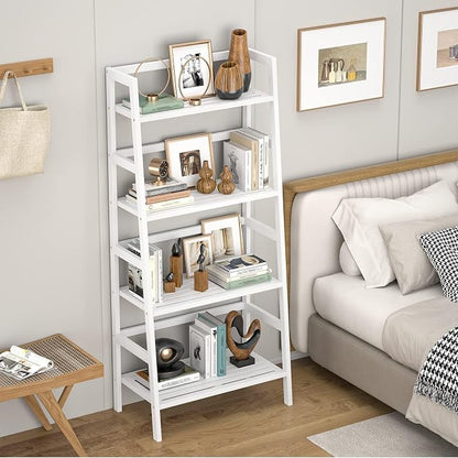 Homykic Ladder Shelf, 4-Tier Bamboo Ladder Bookshelf, 49.2” White Book Shelf - Image 4