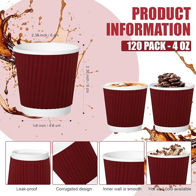 500 Pack Paper Espresso Coffee Cups, 4 oz Disposable Coffee Cups,Corrugated Insulated Ripple Wall, Paper Ripple Cup for Coffee, Hot Chocolate and Hot Tea Drinks -Red
