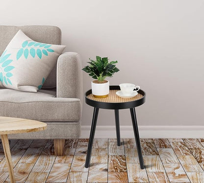 Rattan Round Side Table, Accent Table, Modern Boho Bedside Table, Mid-Century - Image 6