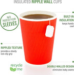 Restaurantware 8 Ounce Double Wall Disposable Coffee Cups, 500 Insulated Red Paper Tumblers with Ripple Wall Design, Lids Sold Separately for Hot Drinks like Tea, Hot Chocolate, and More