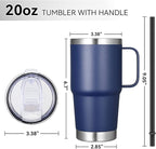VEGOND 20 oz Tumbler with Handle Lid and Straw, Stainless Steel Insulated Travel Coffee Mug Spill Proof Double Wall Metal Tumbler Cup Keeps Drink Hot and Cold, Navy Blue 1 Pack