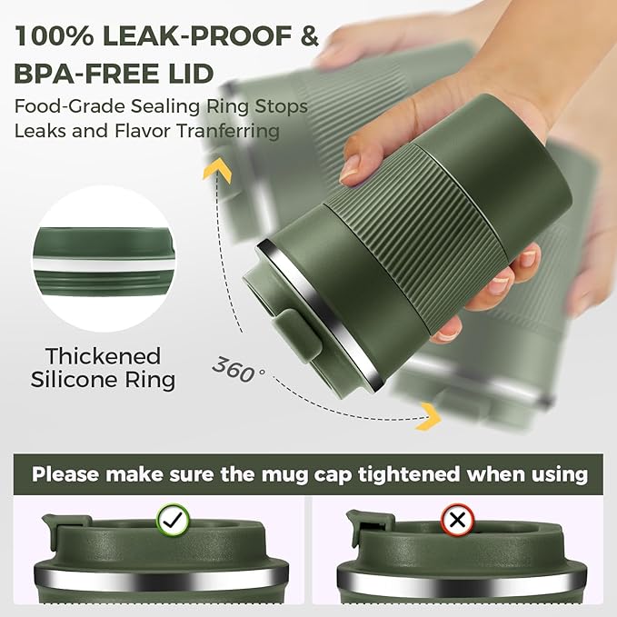 Volhoply 13 oz Stainless Steel Insulated Travel Coffee Mug with Fip Lid Bulk 8 Pack,Reusable Double Wall Vacuum Metal Coffee Cup,Portable Leak Proof Thermal Tumbler for Hot & Cold Drinks(Army Green,8)