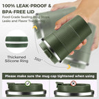Volhoply 13 oz Stainless Steel Insulated Travel Coffee Mug with Fip Lid Bulk 2 Pack,Reusable Double Wall Vacuum Metal Coffee Cup,Portable Leak Proof Thermal Tumbler for Hot & Cold Drinks(Army Green,2)